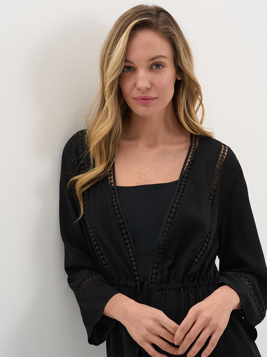 Si 0614K VISCOSA Туника пляжная жен.(длинный  рукав на кулиске с отделкой) удлиненная